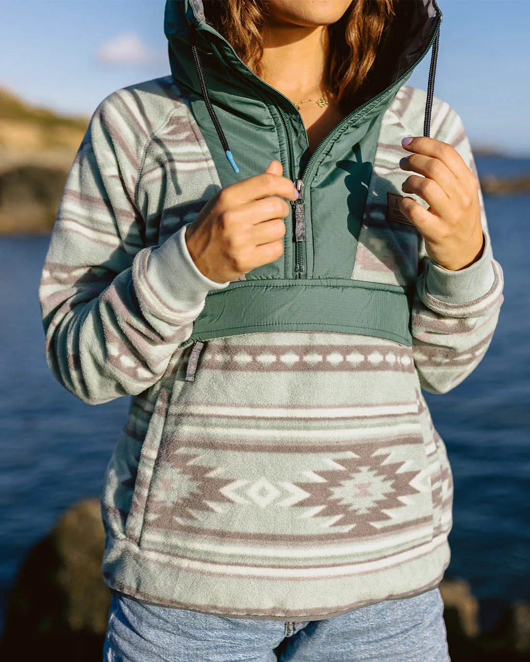 Alexander Recycled Polar Hooded Fleece - Pistachio Pattern/Deep Ocean