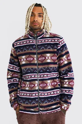 Aztec Print Zip Thru Borg Funnel Jacket | boohooMAN UK