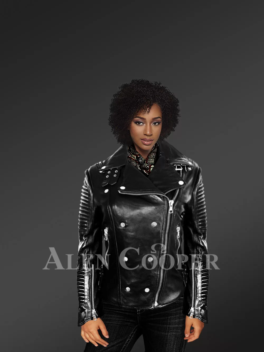 Biker Leather Jacket Women in Black With Piped Sleeves