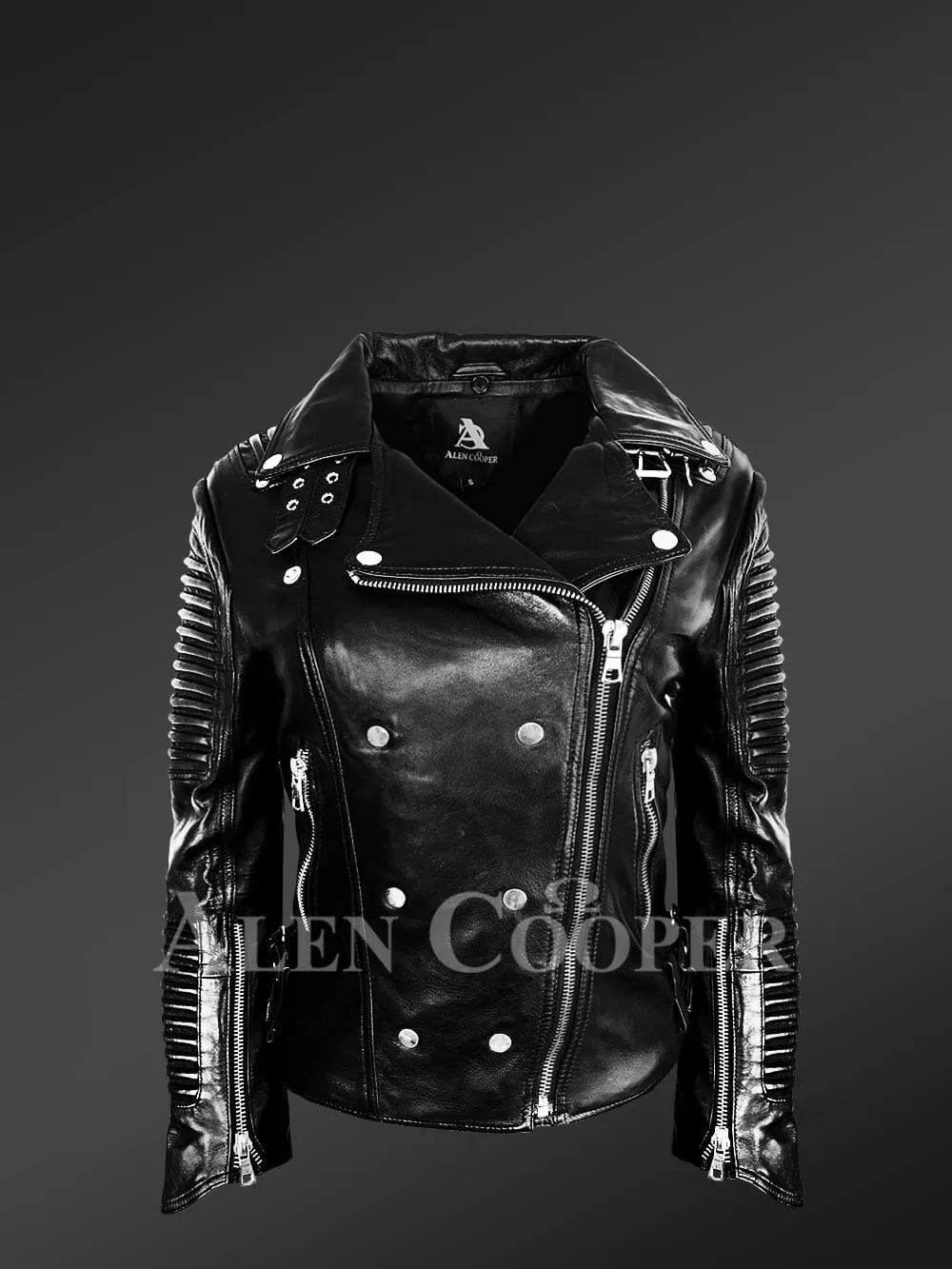 Biker Leather Jacket Women in Black With Piped Sleeves