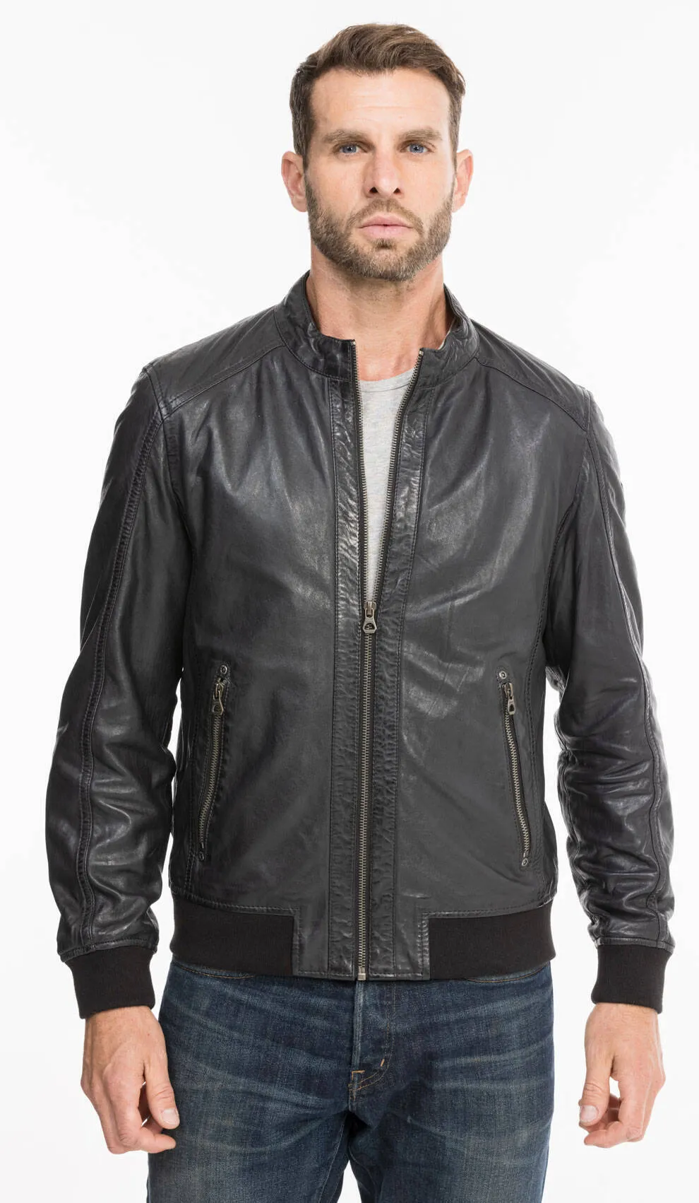 Black / blue men's leather jacket teddy style 13208