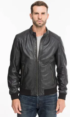 Black / blue men's leather jacket teddy style 13208