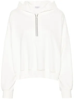 BRUNELLO CUCINELLI Elegant White Cotton Hoodie with Monili Zip Detail