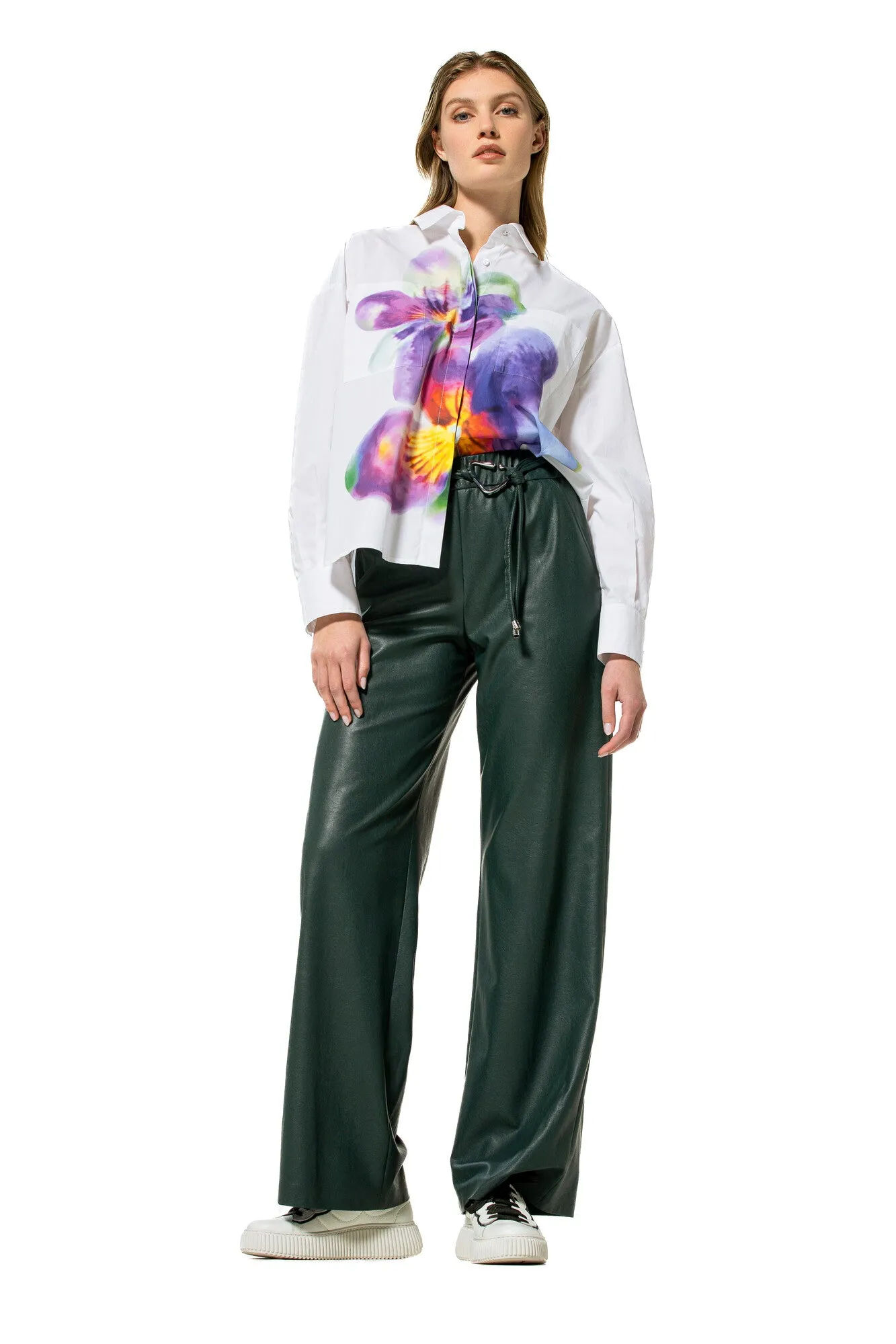 Caroline Biss GREEN LOOSE-FITTING STRAIGHT ECO-LEATHER TROUSERS