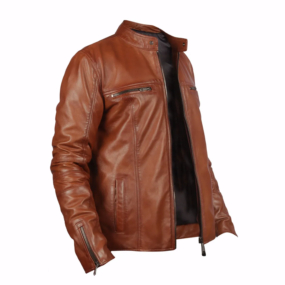 Classic Ban Neck Collar Front Zipper Pockets Tan Men Leather Jacket