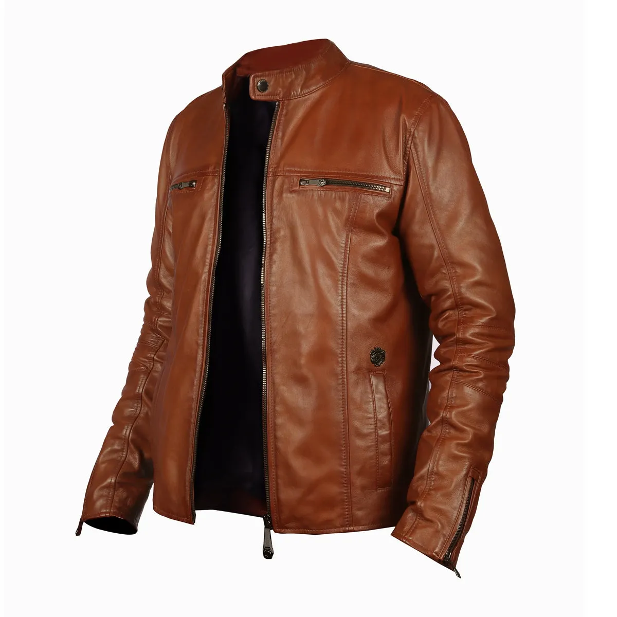 Classic Ban Neck Collar Front Zipper Pockets Tan Men Leather Jacket