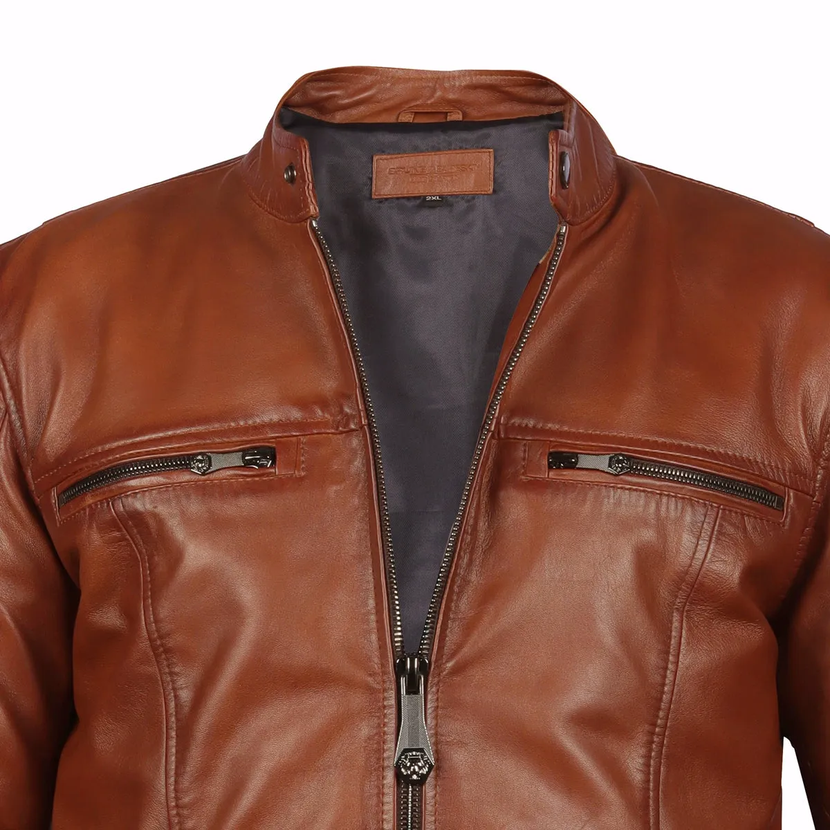 Classic Ban Neck Collar Front Zipper Pockets Tan Men Leather Jacket