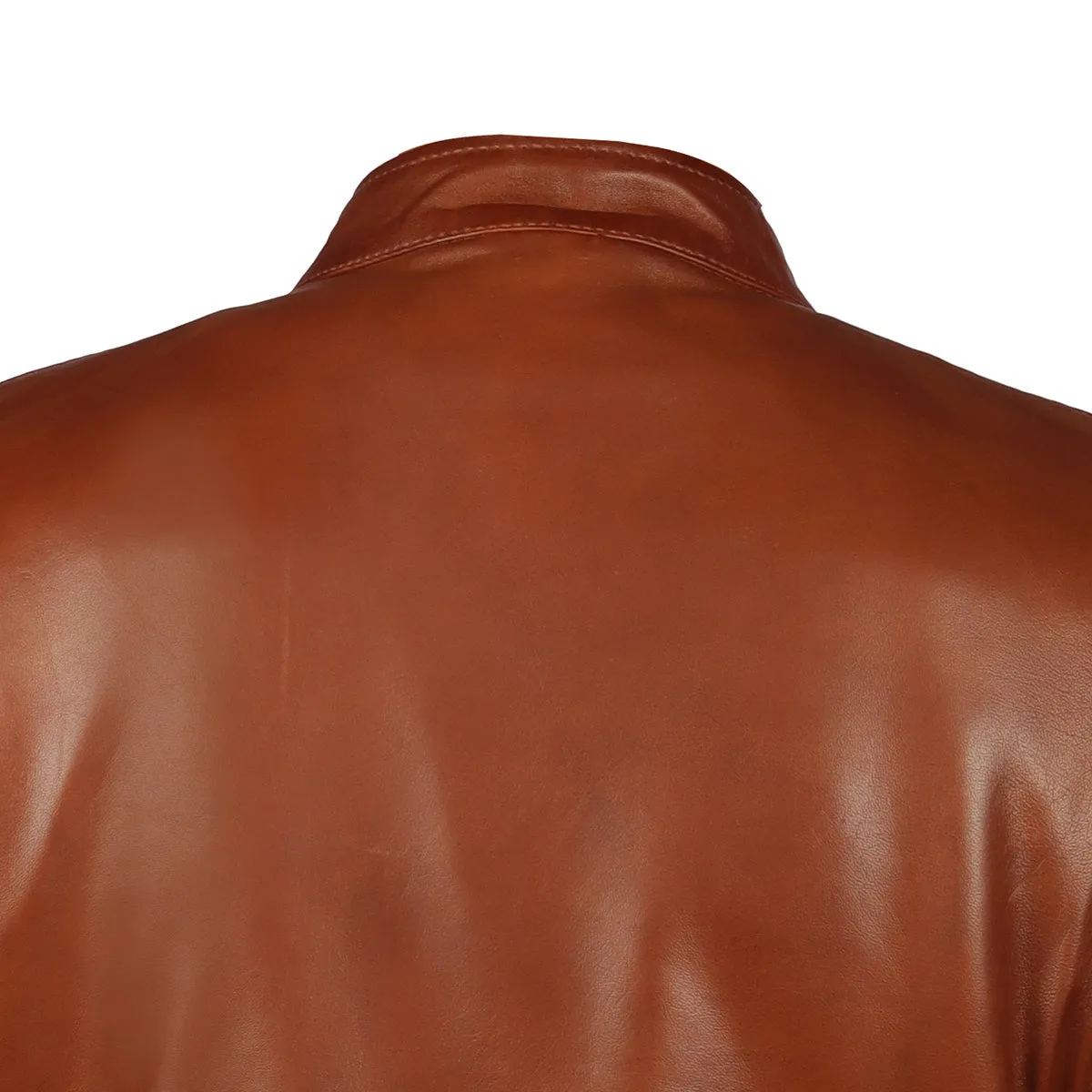 Classic Ban Neck Collar Front Zipper Pockets Tan Men Leather Jacket