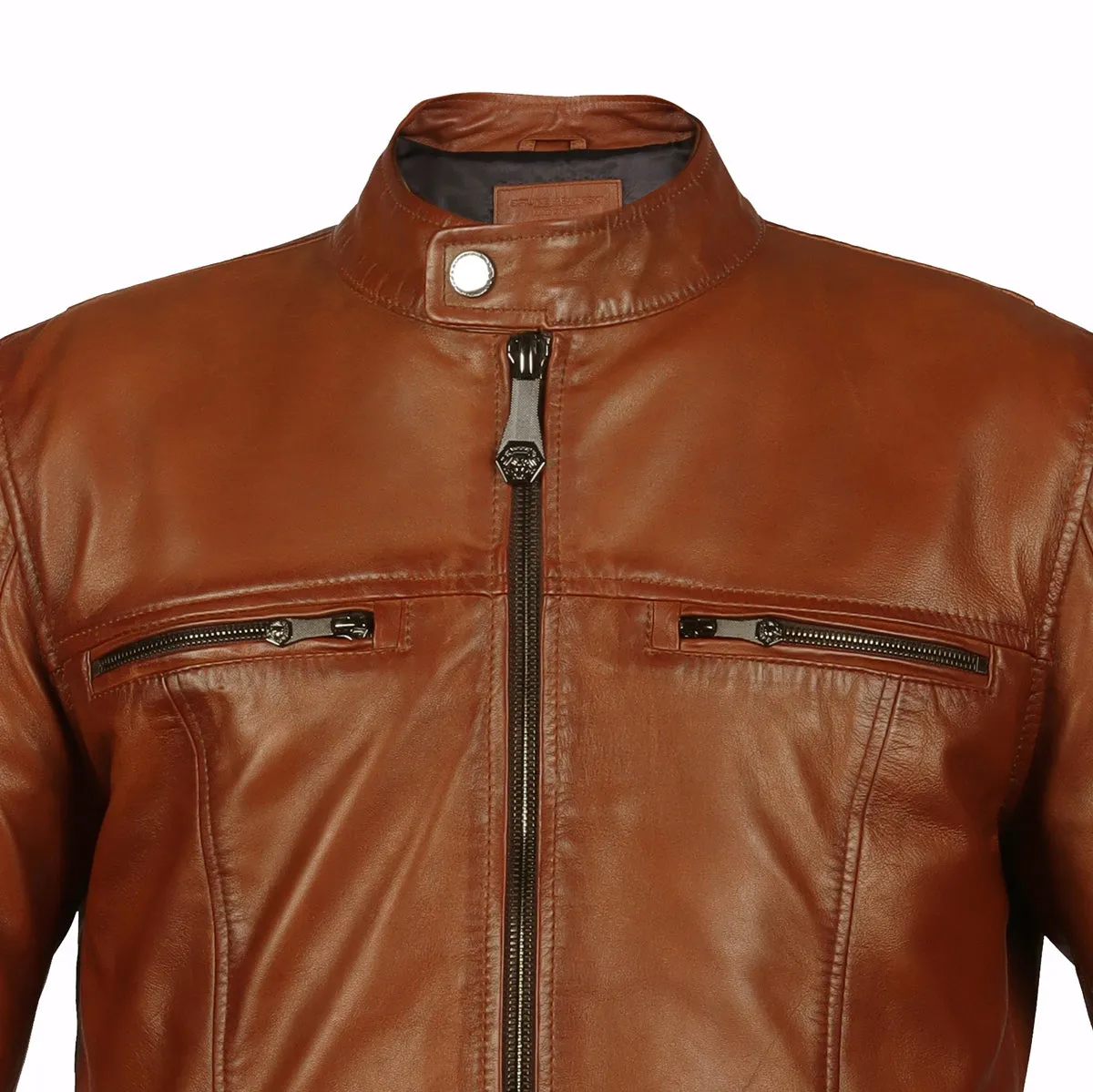 Classic Ban Neck Collar Front Zipper Pockets Tan Men Leather Jacket