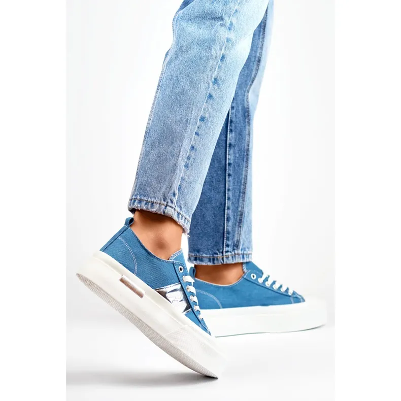 Fashionable women's denim sneakers with a thick platform sole blue