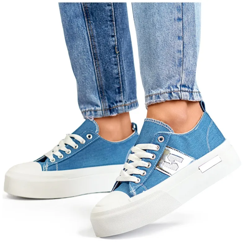 Fashionable women's denim sneakers with a thick platform sole blue