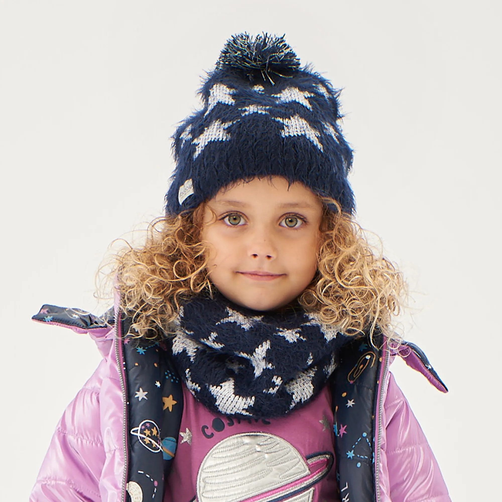 Girls Navy Blue Knitted Star Bobble Hat