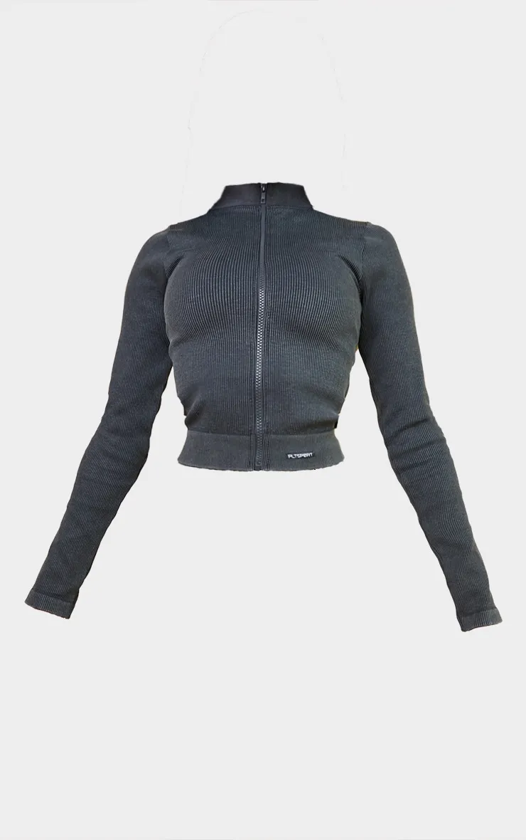 Grey Acid Wash Seamless Rib Zip Crop Sports Jacket