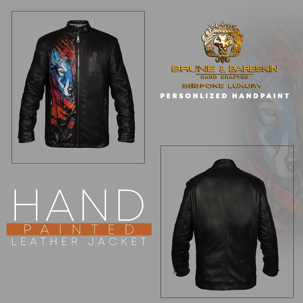 Hand Painted Wolf Half Face Zipper Pockets Black Leather Jacket For Men By Brune & Bareskin