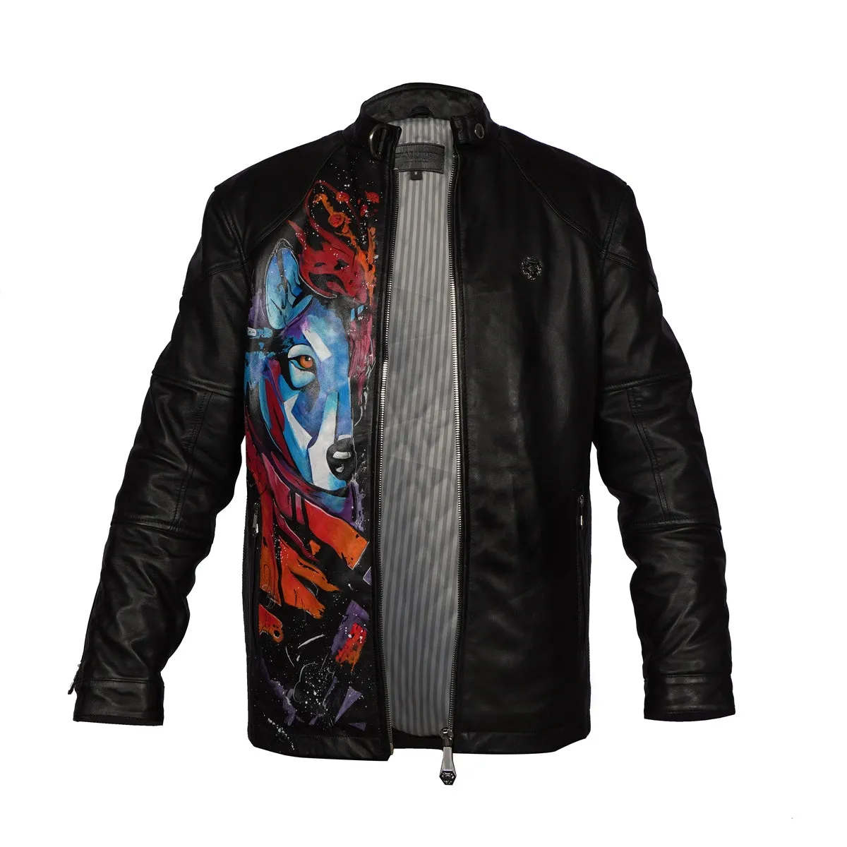 Hand Painted Wolf Half Face Zipper Pockets Black Leather Jacket For Men By Brune & Bareskin