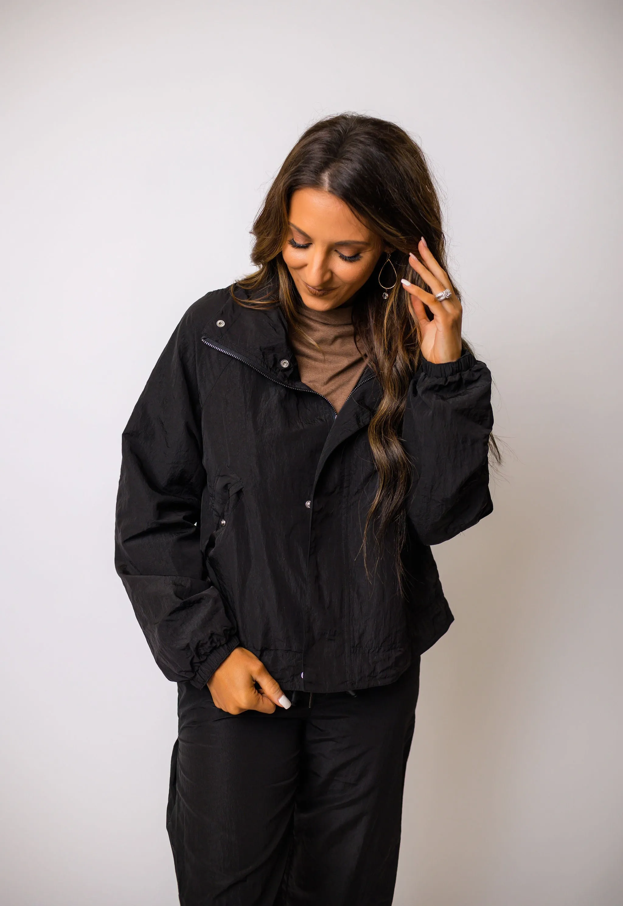 High Neck Black Zip Up Jacket