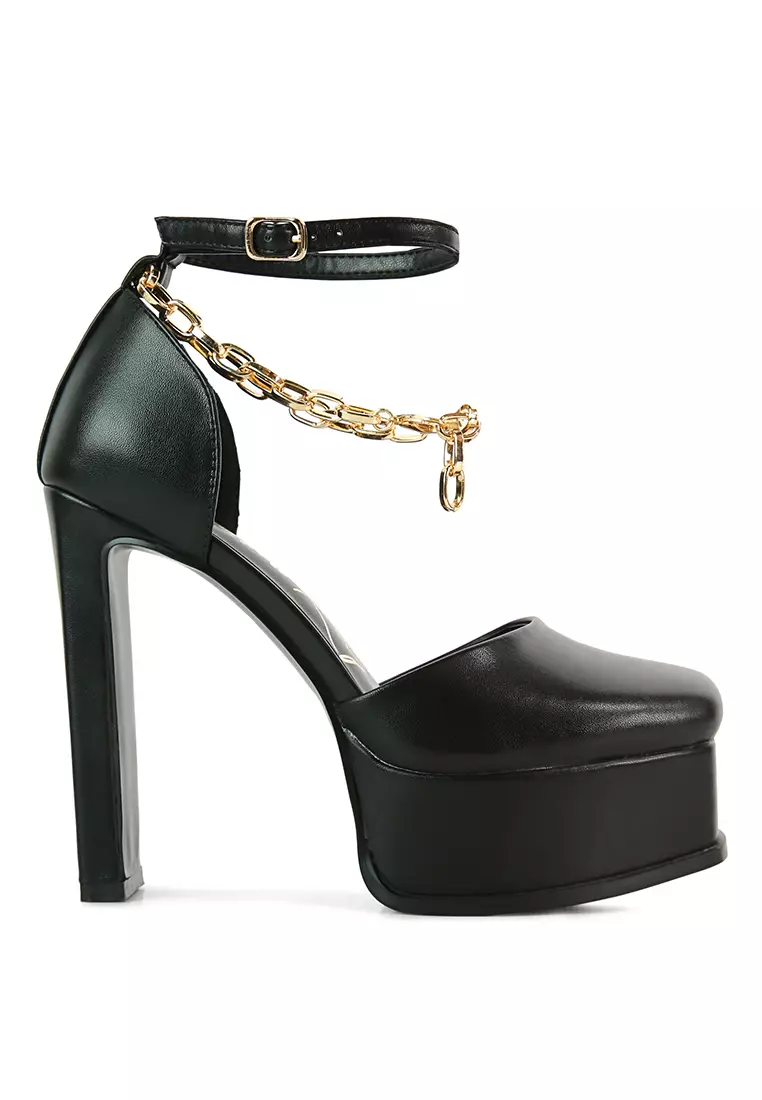 London Rag Black Faux Leather High Heeled Platform Sandals