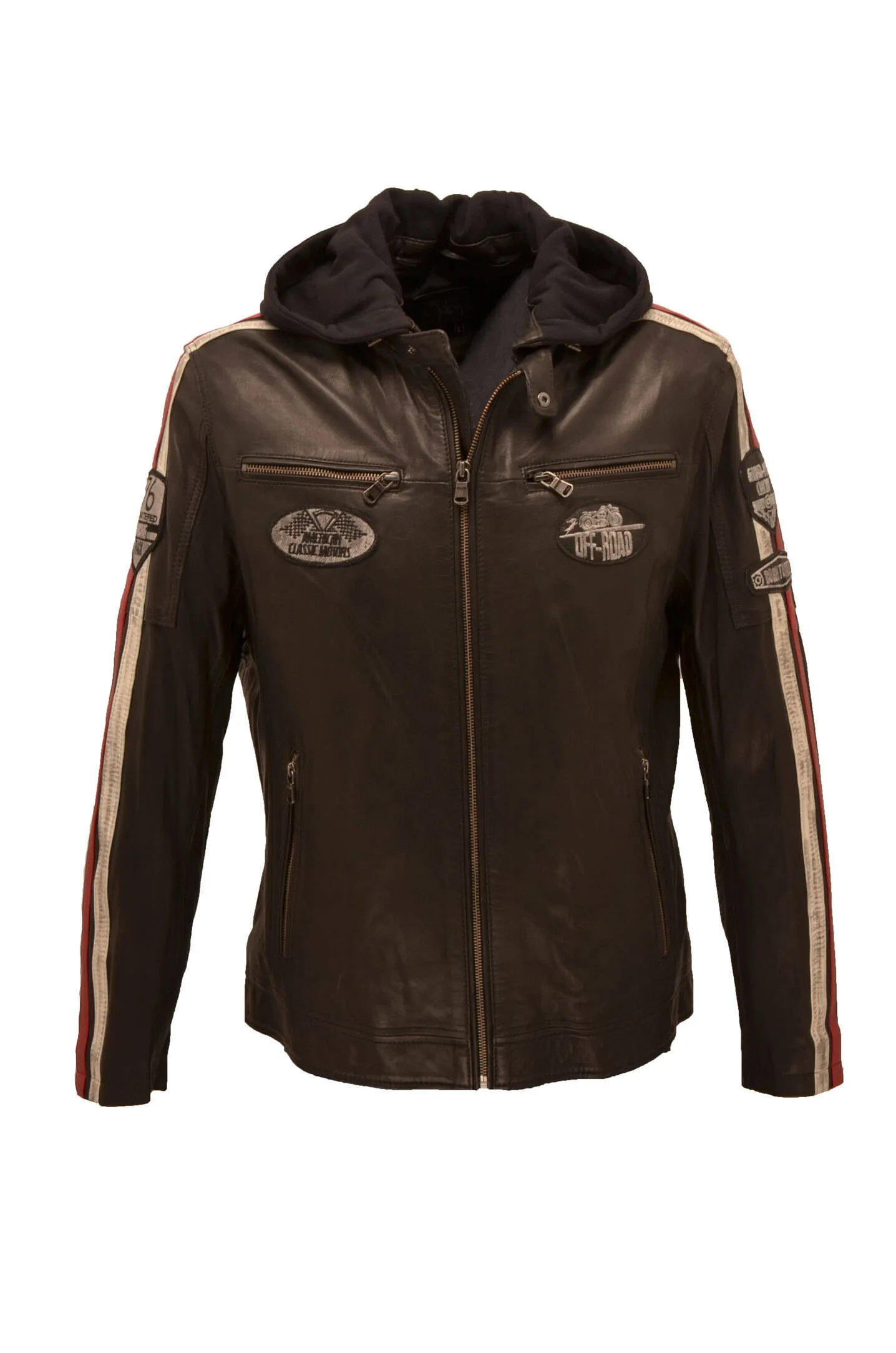 Men's black hooded leather jacket in motorcycle style \formula\