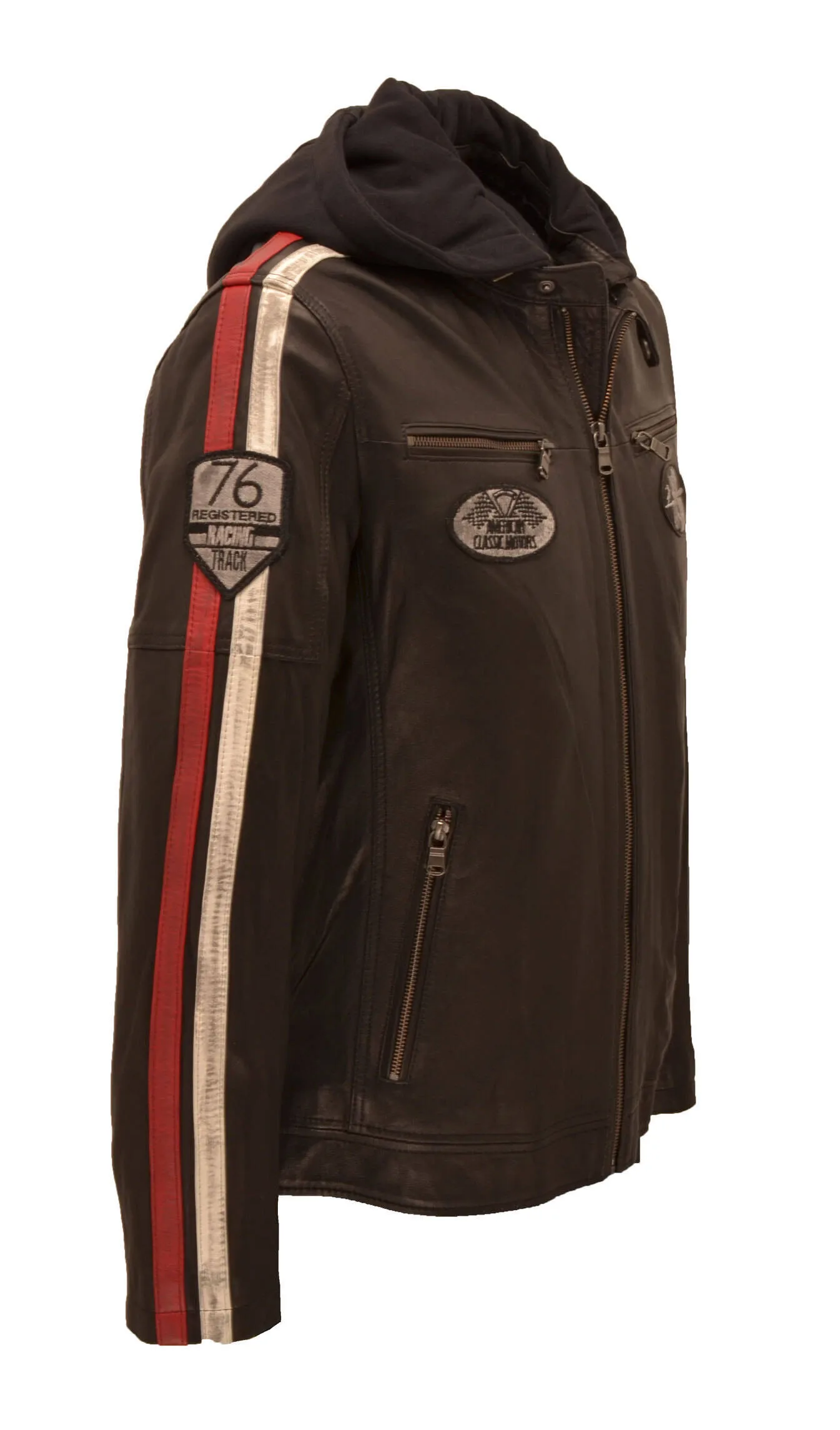 Men's black hooded leather jacket in motorcycle style \formula\