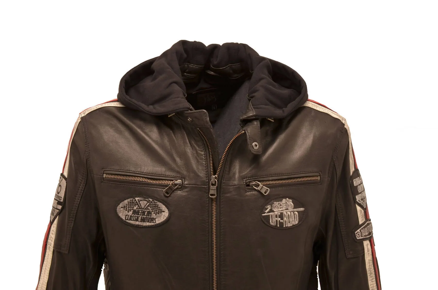 Men's black hooded leather jacket in motorcycle style \formula\