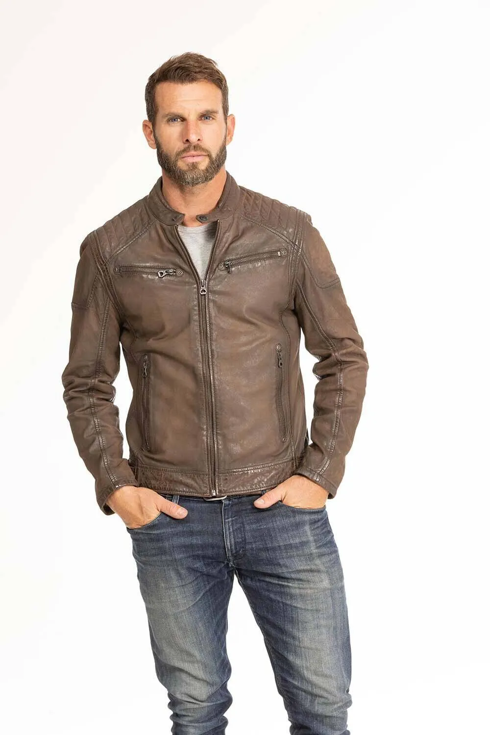 Men's brown leather jacket in gypsy motorcycle style 1201-0485