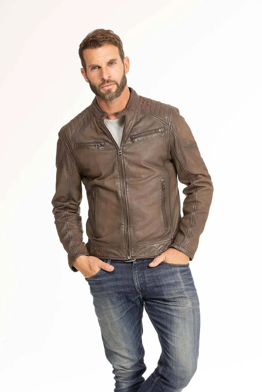 Men's brown leather jacket in gypsy motorcycle style 1201-0485