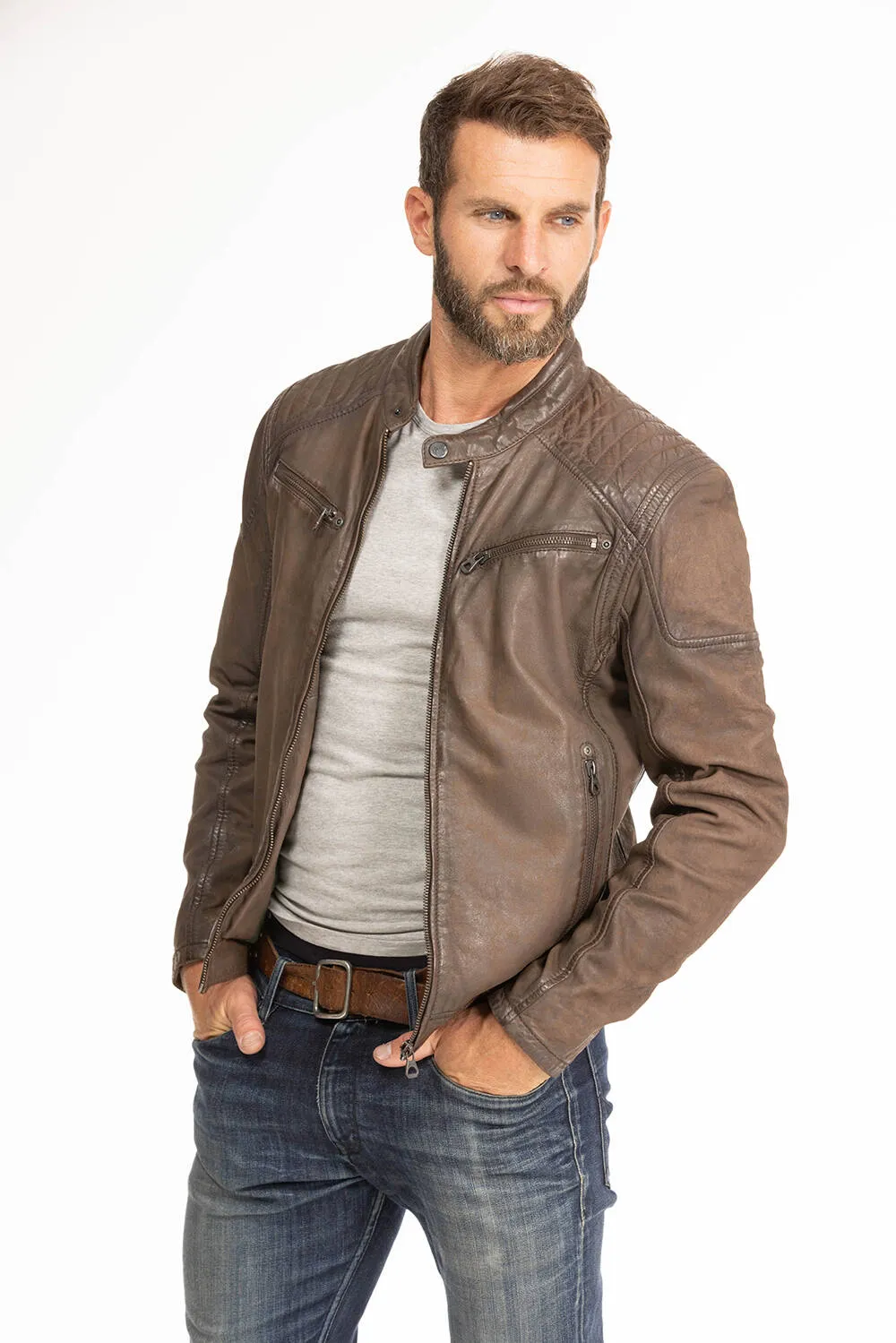 Men's brown leather jacket in gypsy motorcycle style 1201-0485