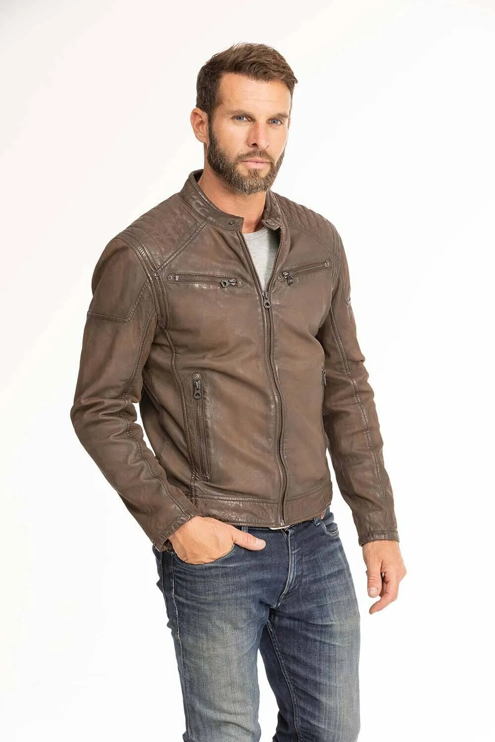 Men's brown leather jacket in gypsy motorcycle style 1201-0485