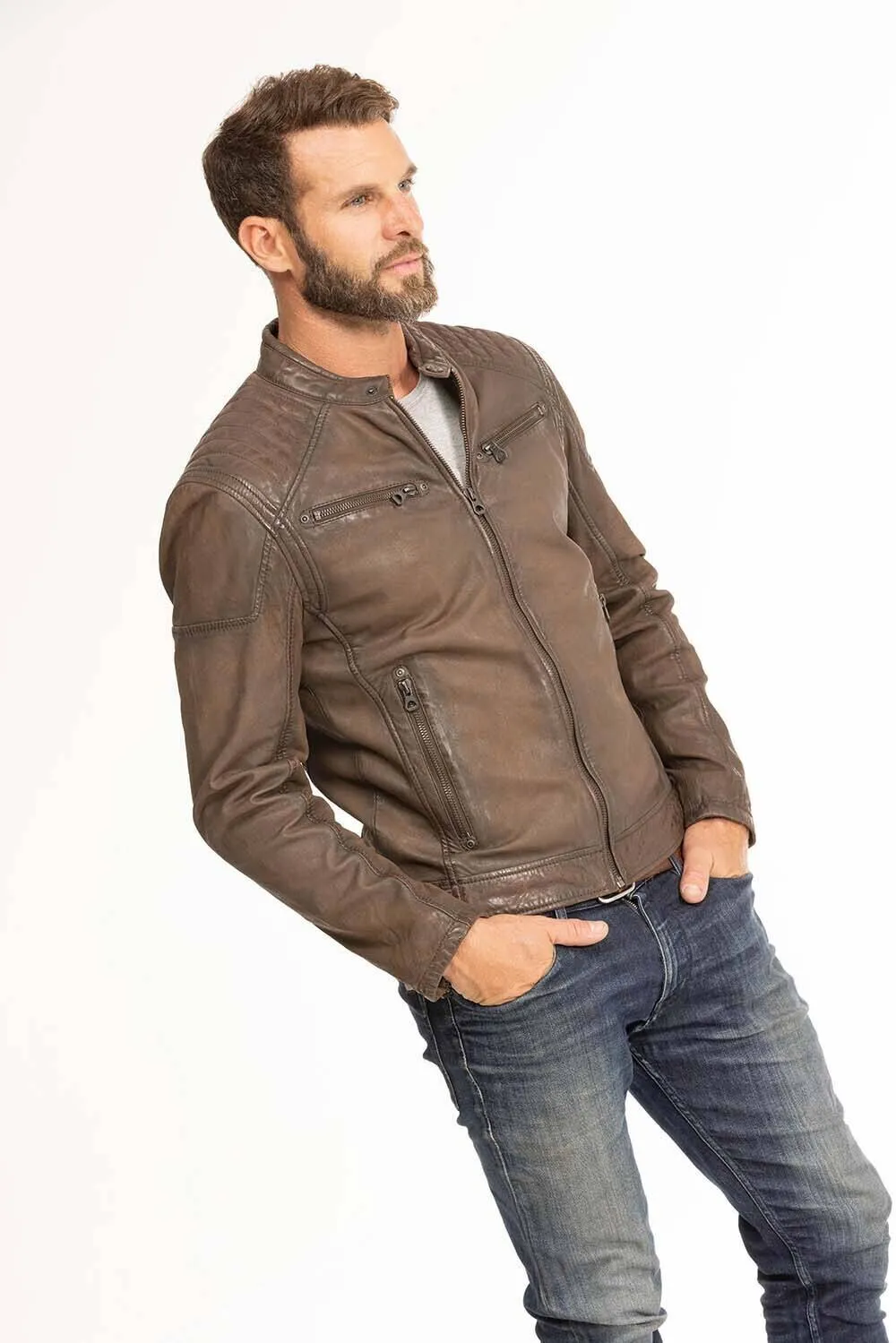 Men's brown leather jacket in gypsy motorcycle style 1201-0485