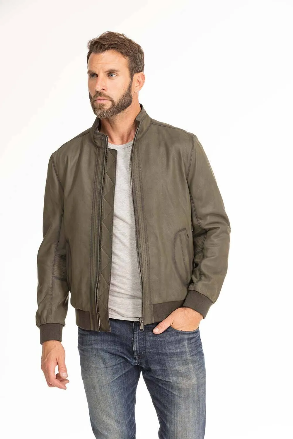 Men's green leather jacket in classic gervin pilot style