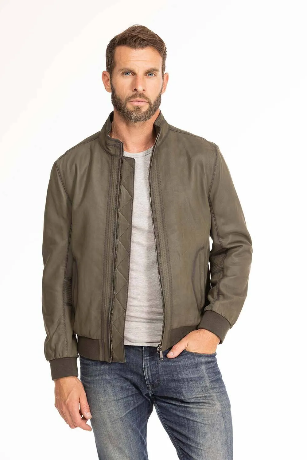 Men's green leather jacket in classic gervin pilot style