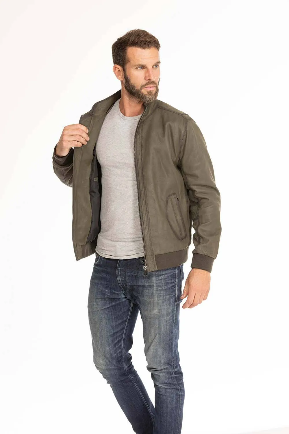 Men's green leather jacket in classic gervin pilot style