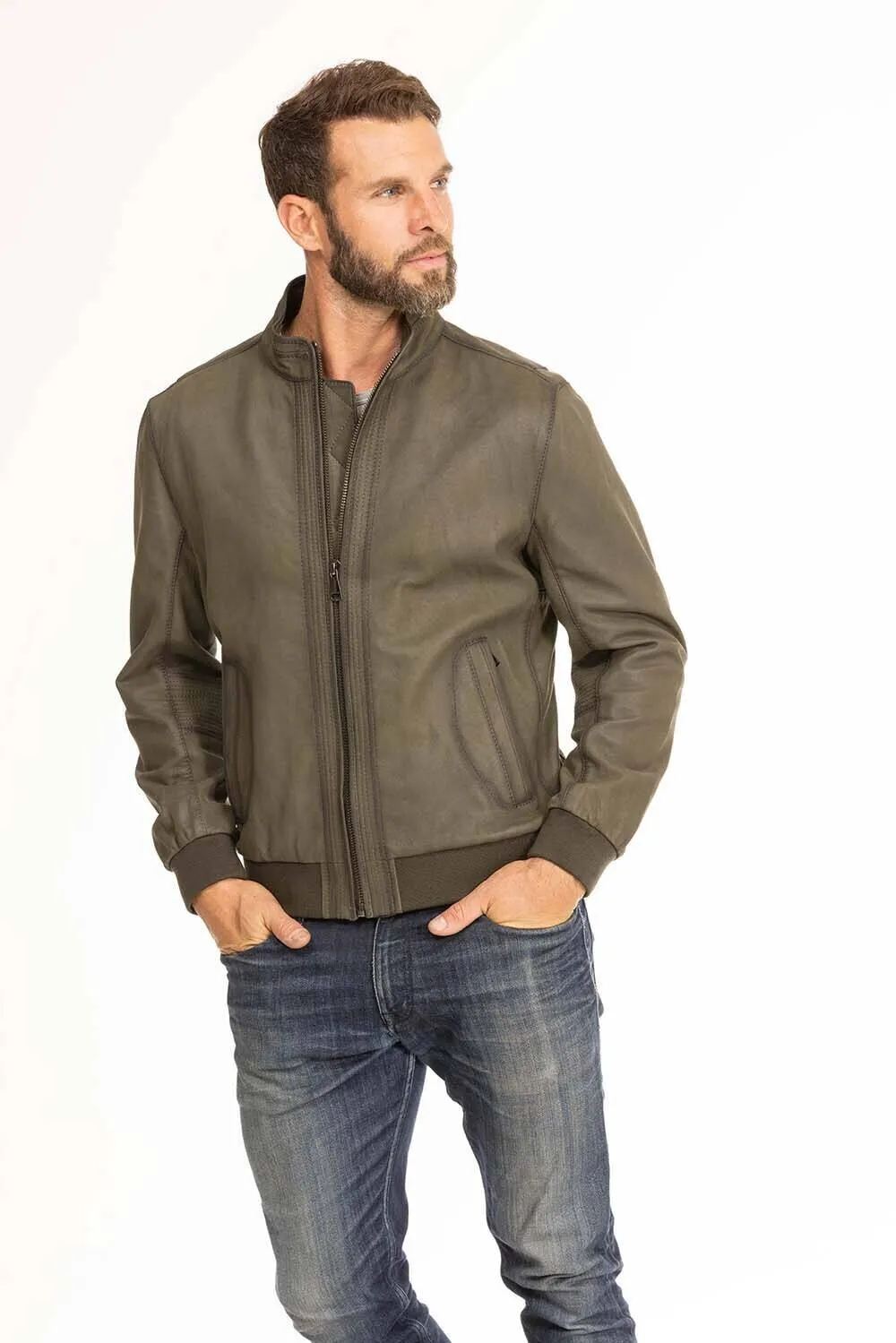 Men's green leather jacket in classic gervin pilot style