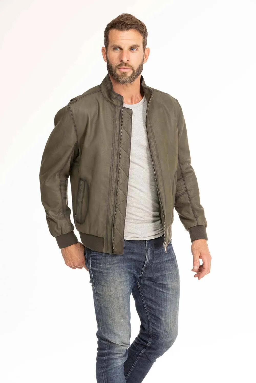 Men's green leather jacket in classic gervin pilot style