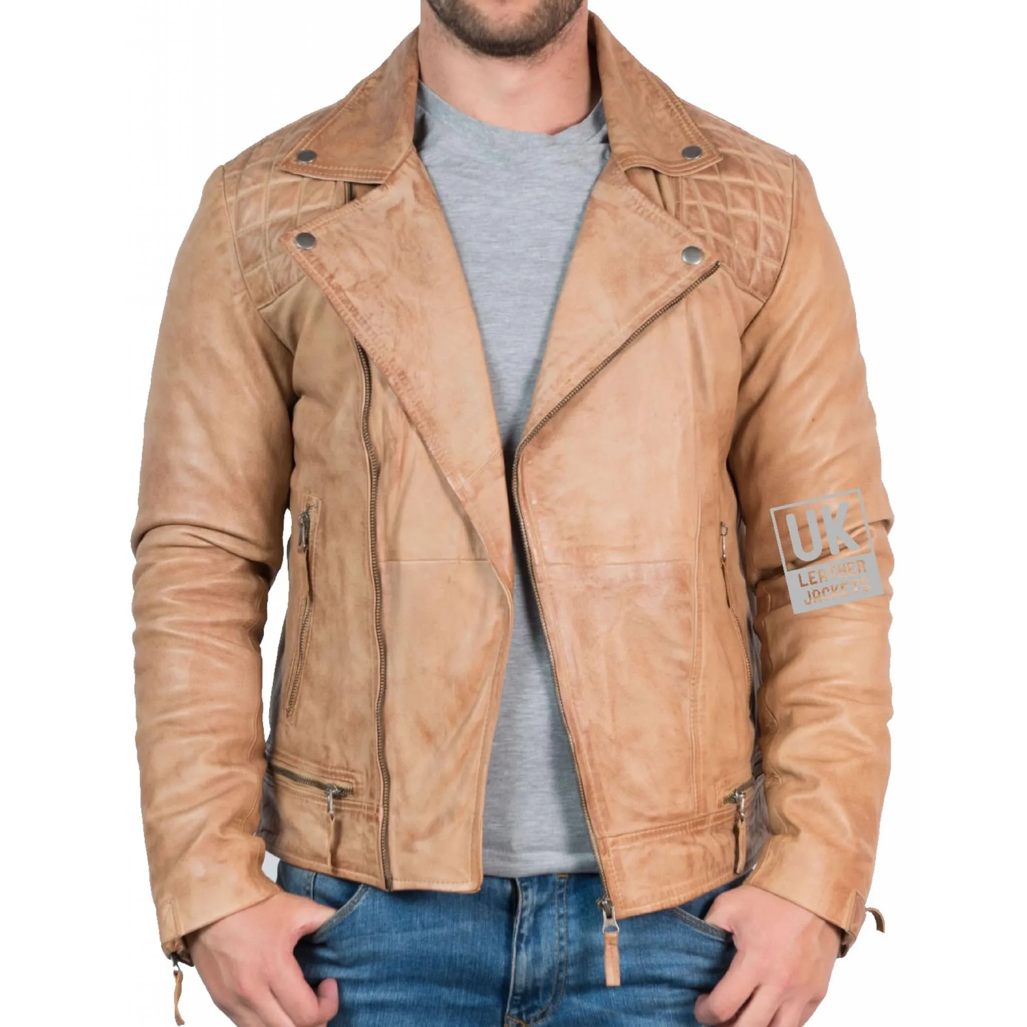 Mens Leather Biker Jacket - Hurricane - Vintage Camel | Free UK Delivery