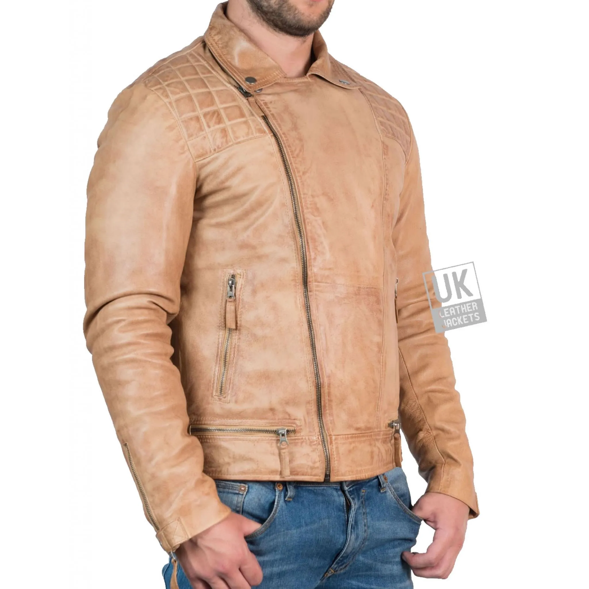 Mens Leather Biker Jacket - Hurricane - Vintage Camel | Free UK Delivery