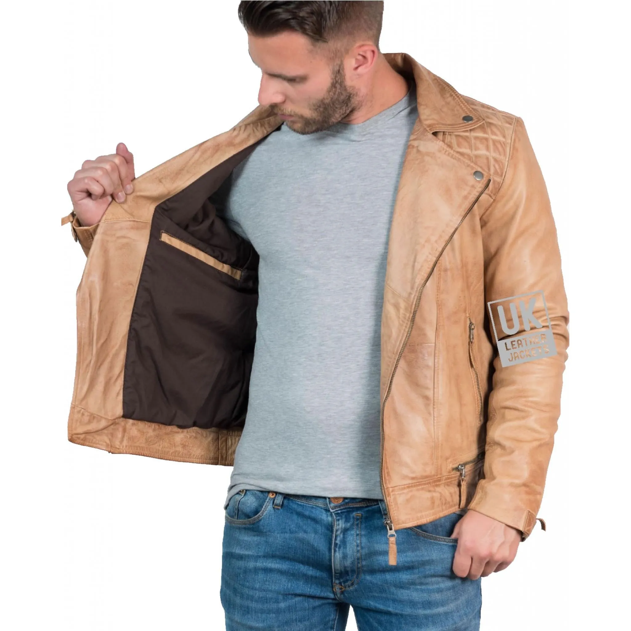 Mens Leather Biker Jacket - Hurricane - Vintage Camel | Free UK Delivery