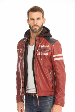 Men's red motorcycle style hooded leather jacket 102555