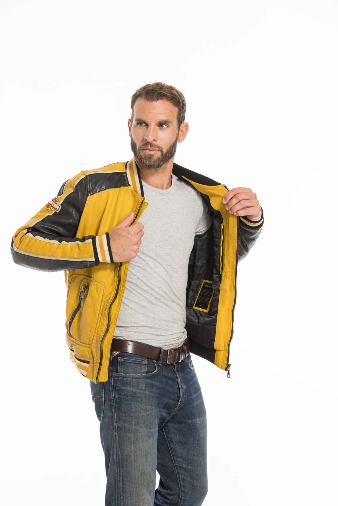 Men's yellow/black redskins fray teddy style leather jacket