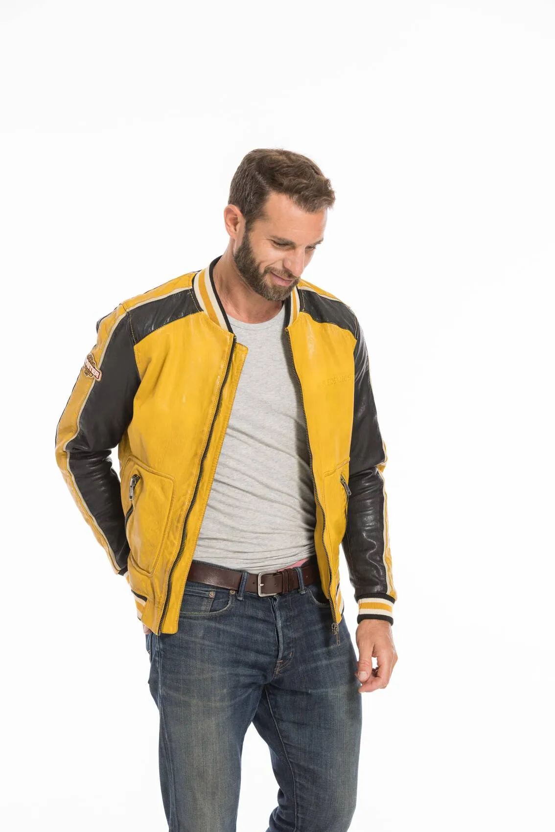 Men's yellow/black redskins fray teddy style leather jacket