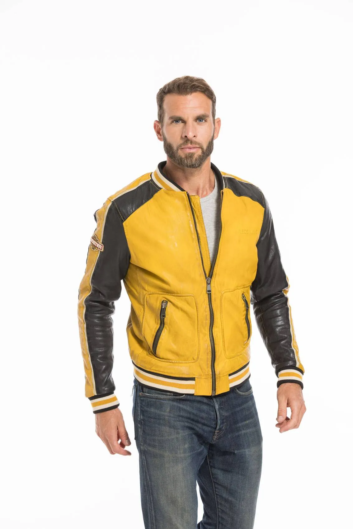 Men's yellow/black redskins fray teddy style leather jacket