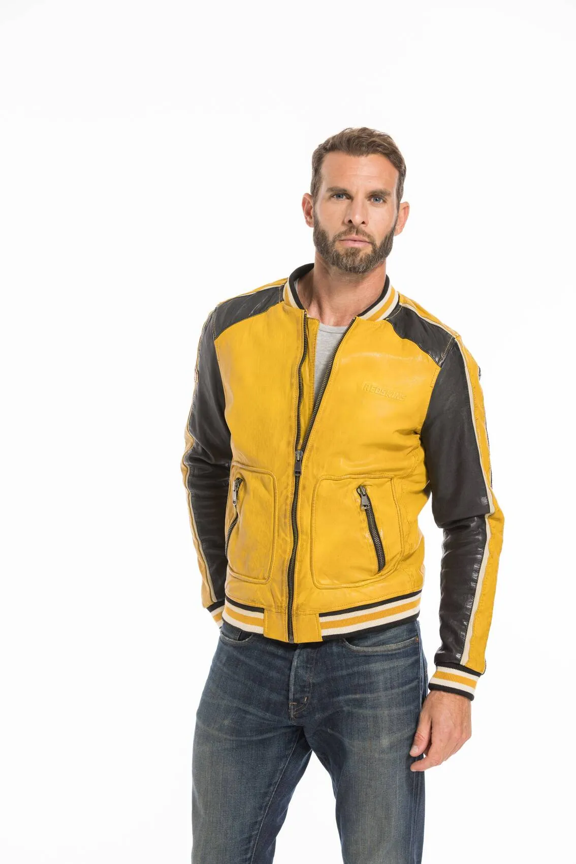 Men's yellow/black redskins fray teddy style leather jacket