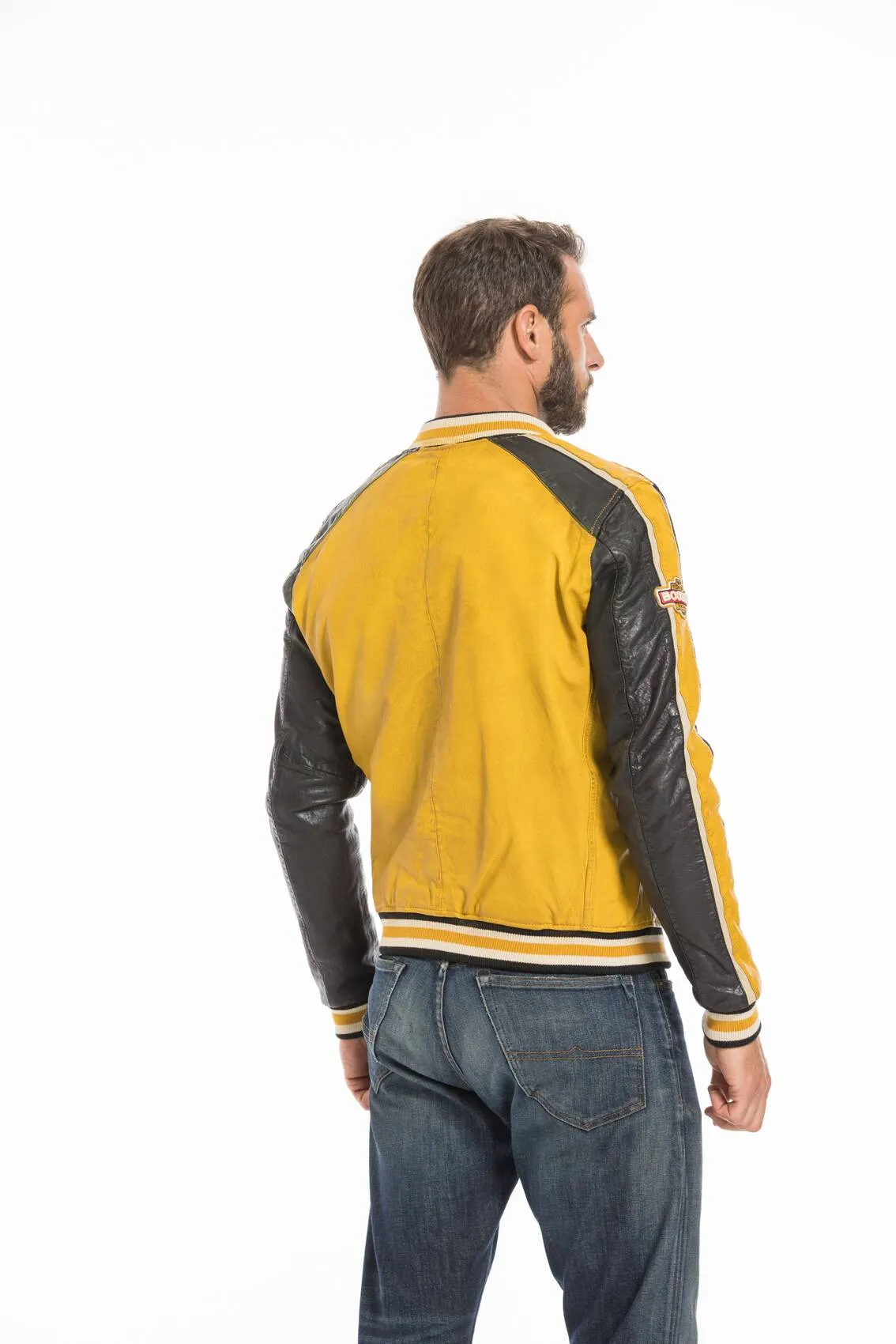 Men's yellow/black redskins fray teddy style leather jacket