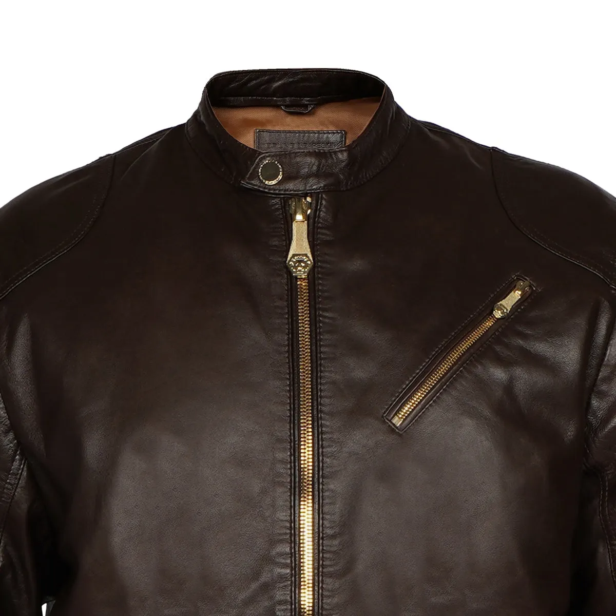 Metal Lion Front Zipper Ban Collar Men Dark Brown Leather Jacket