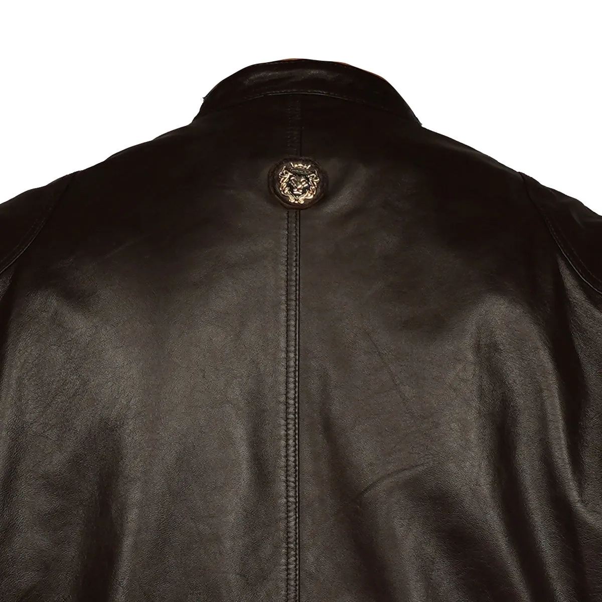 Metal Lion Front Zipper Ban Collar Men Dark Brown Leather Jacket