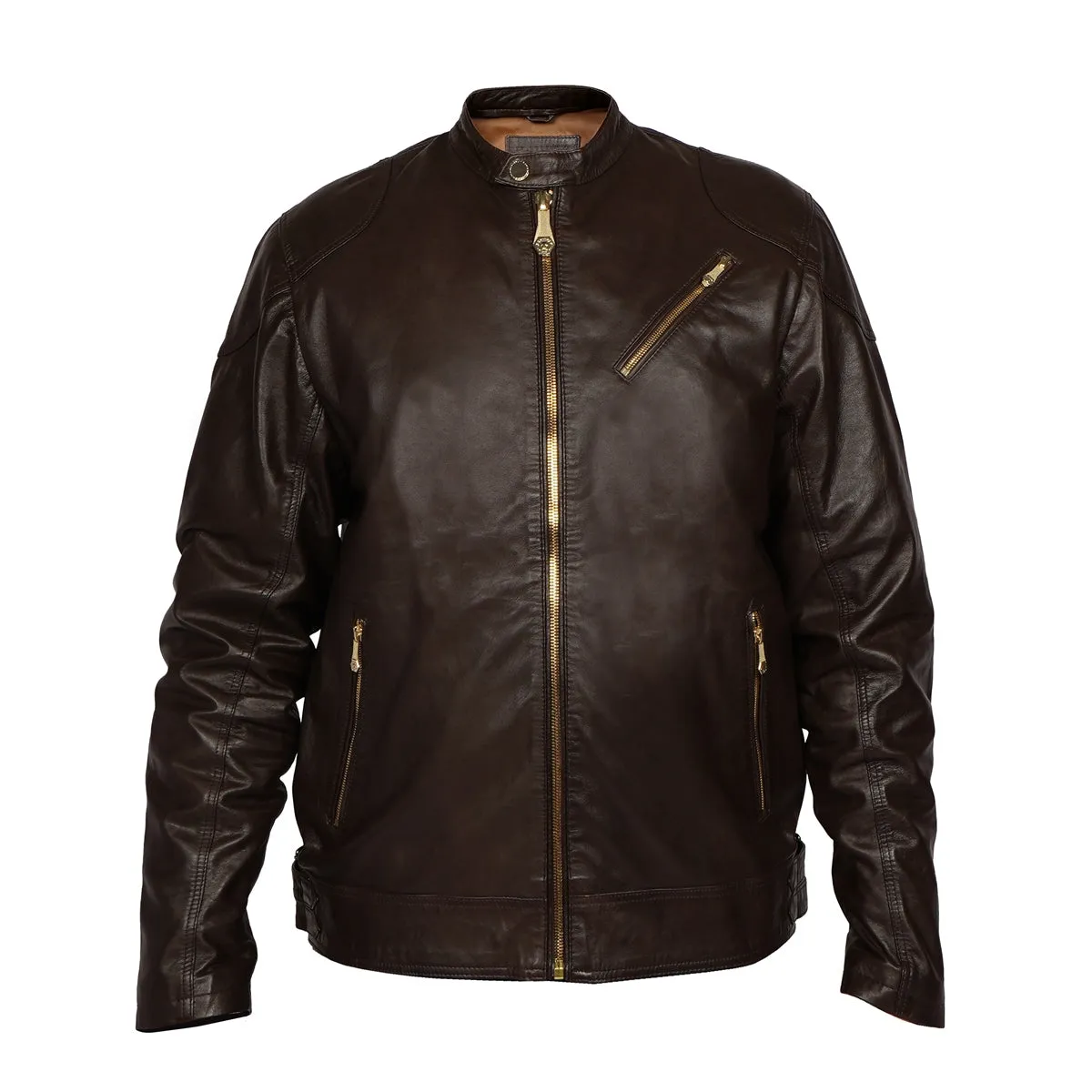 Metal Lion Front Zipper Ban Collar Men Dark Brown Leather Jacket