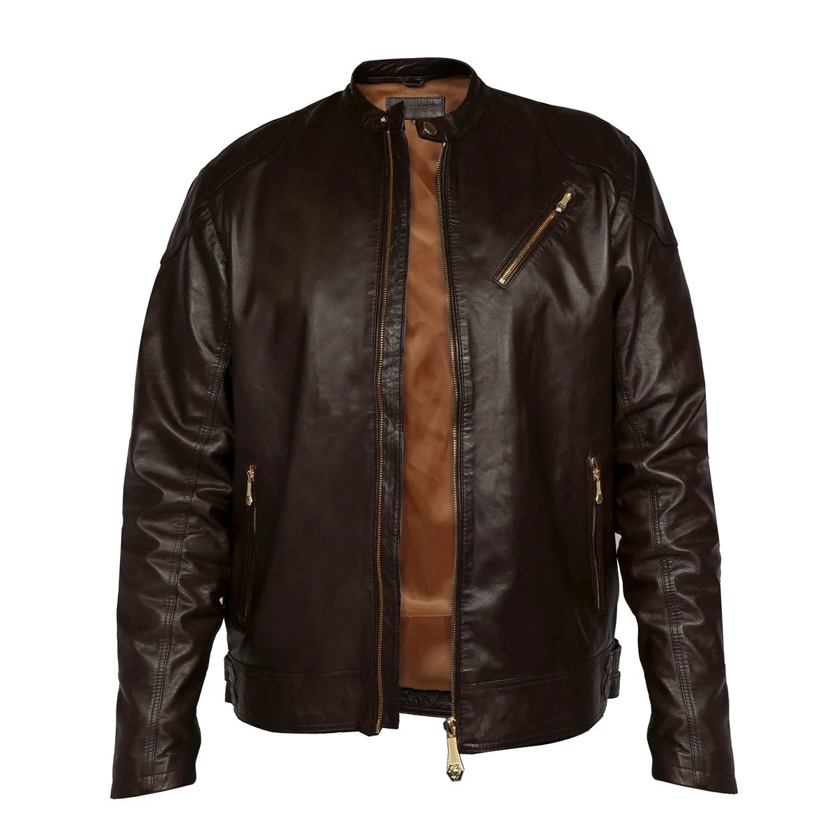 Metal Lion Front Zipper Ban Collar Men Dark Brown Leather Jacket