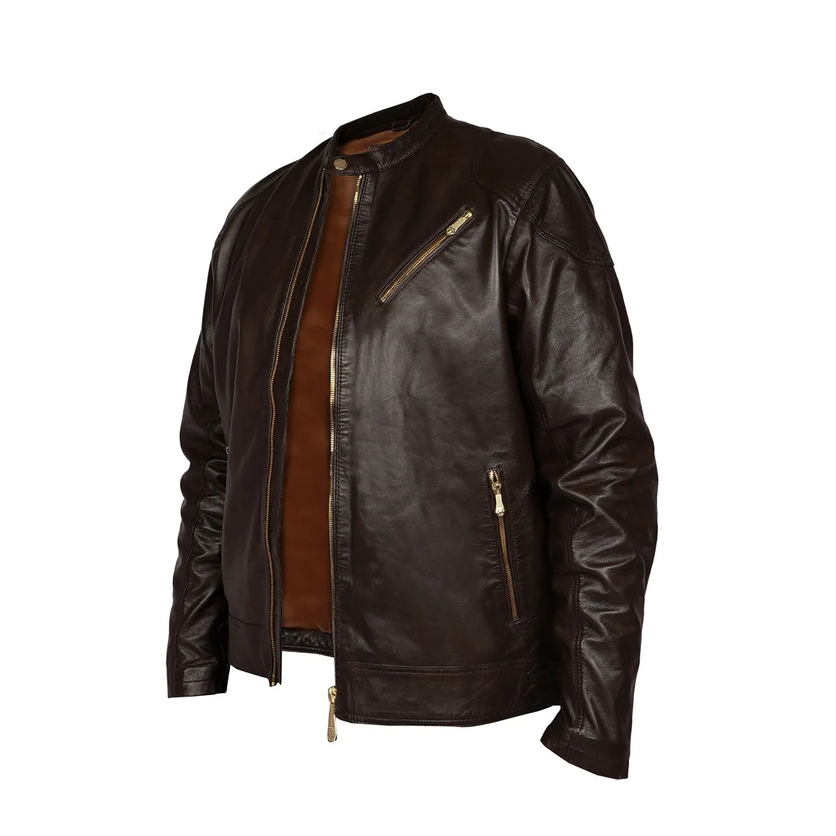 Metal Lion Front Zipper Ban Collar Men Dark Brown Leather Jacket