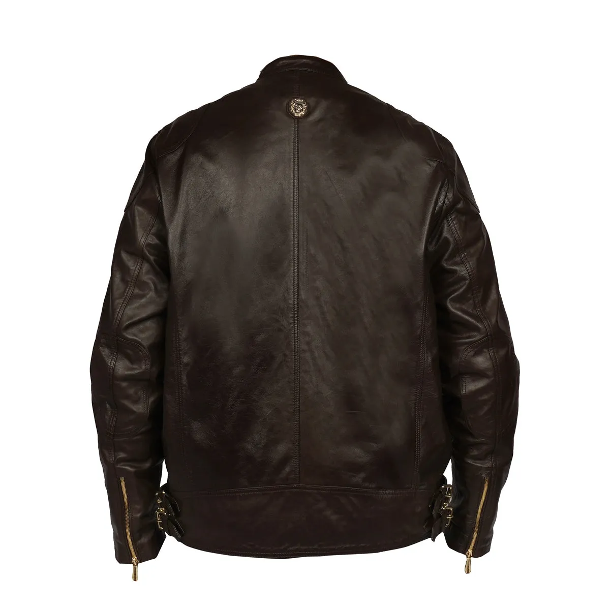 Metal Lion Front Zipper Ban Collar Men Dark Brown Leather Jacket