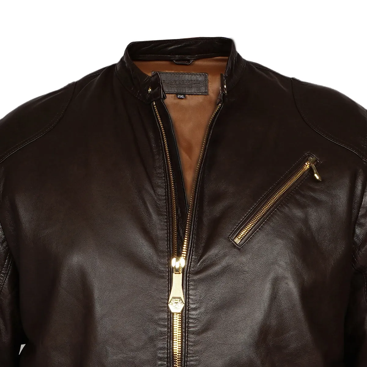 Metal Lion Front Zipper Ban Collar Men Dark Brown Leather Jacket